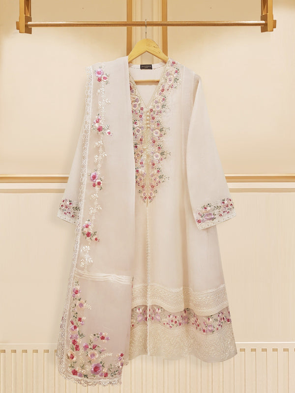 3 Piece - Pure Cotton Net Embroidered Frock S108780