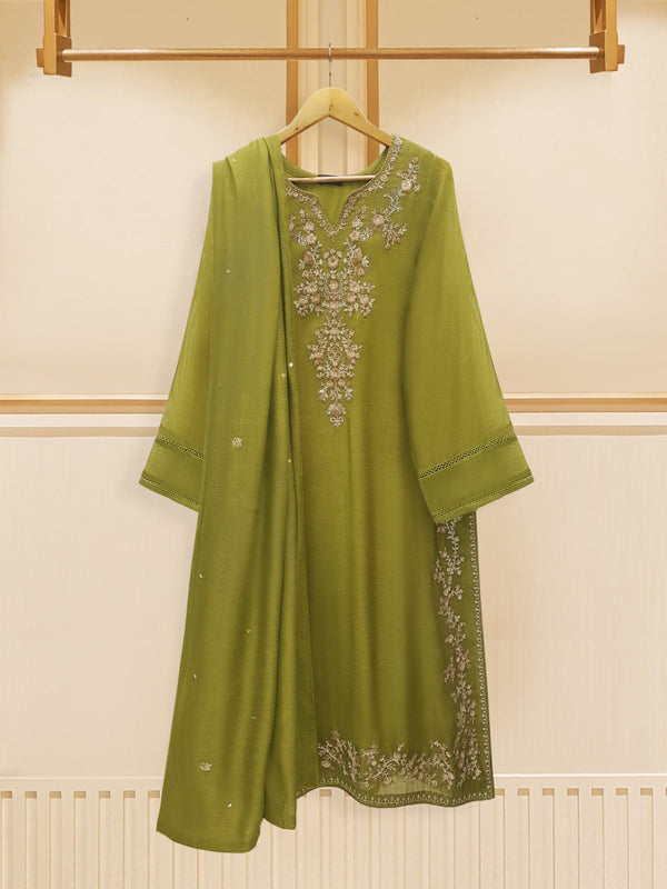 3 Piece - Pure Cotton Net Embroidered Suit S108873