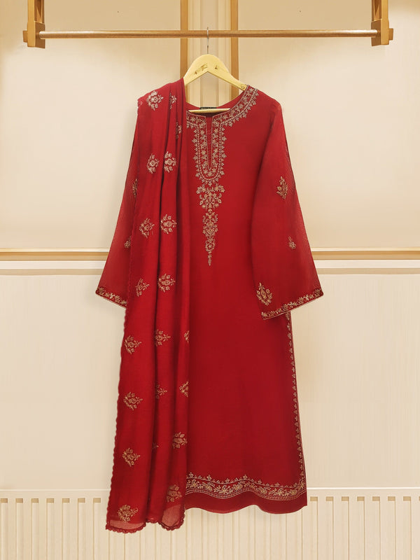 3 Piece - Pure Cotton Net Embroidered Suit S108656