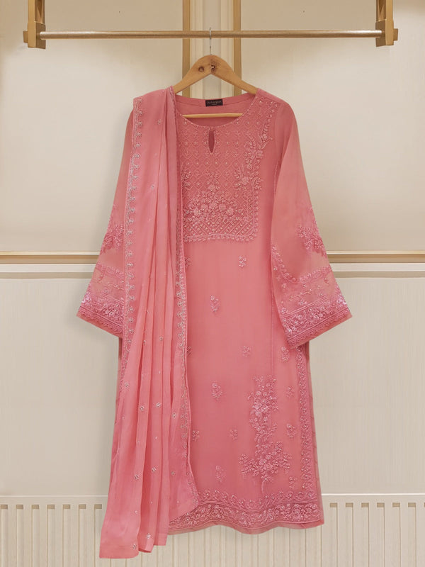 THREE PIECE PURE CHIFFON SHIRT, DUPATTA AND SILK PANTS S107494