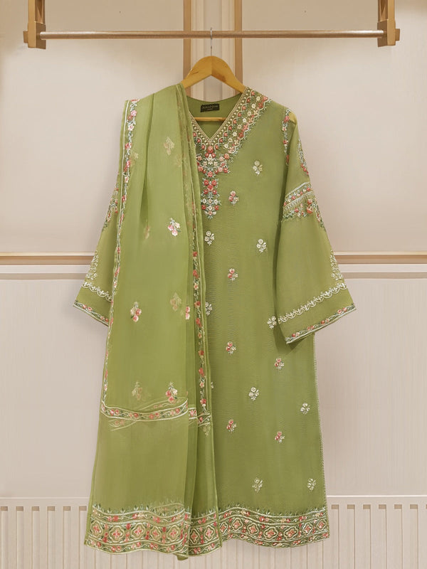 TWO PIECE PURE COTTON NET EMBROIDERED SHIRT WITH ORGANZA DUPATTA SS107518